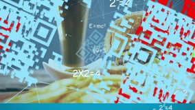 Animation of a looped QR code floating with web of connections and mathematical equations over a fast food meal on a table digital composite video - Powered by Shutterstock - Get 15% off with code: PIKWIZARD15