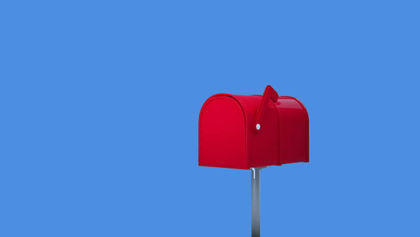 Animation of winter scenery with snowflakes falling and red letterbox with letters for santa claus on blue background. christmas festivity celebration concept digitally generated image.