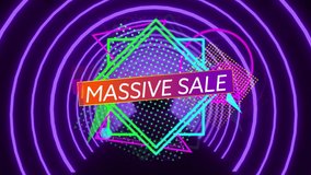 Digital animation of massive sale text over abstract shapes against blue neon concentric circles. sale discount and retail business concept - Powered by Shutterstock - Get 15% off with code: PIKWIZARD15
