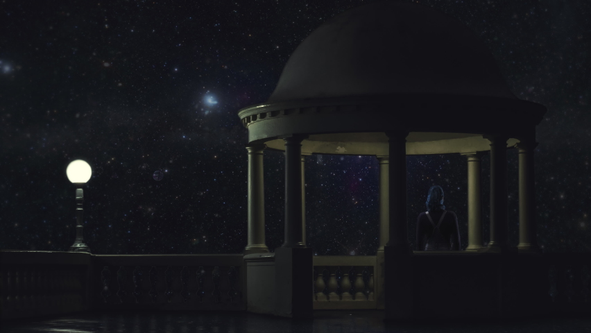 Woman Looking Starry Space Above House. Woman looking to the starry space at night on top of a belvedere