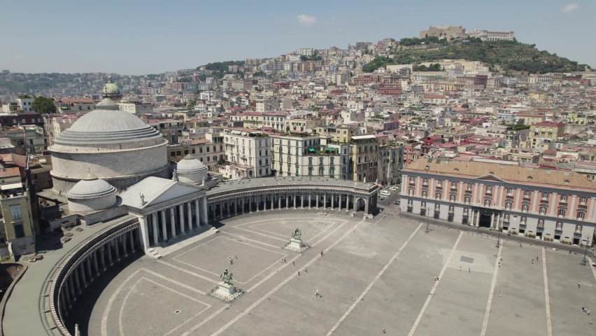Elevated view over massive public square Piazza del Plebiscito, Naples