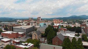 4K Drone Video of Downtown Asheville, NC viewed from the South Side on Sunny Summer Day