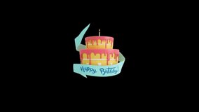 happy birthday cake animation video, animation birthday cake with the text of happy birthday on black  background