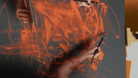Vertical video: Mom and little girl painting artwork on canvas with aquarelle palette and paintbrush. Young people learning to paint design with watercolor dye on mixing tray, using artistic vision