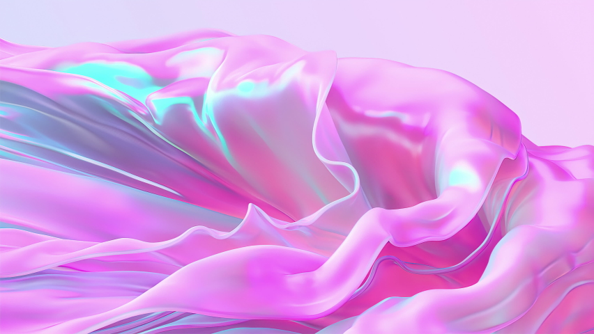 Animated background in pastel colors, gradient shiny fabric in gentle shades, flowing into the lower right corner of the screen. Futuristic abstract 3D rendering of glowing pink blue satin 4K