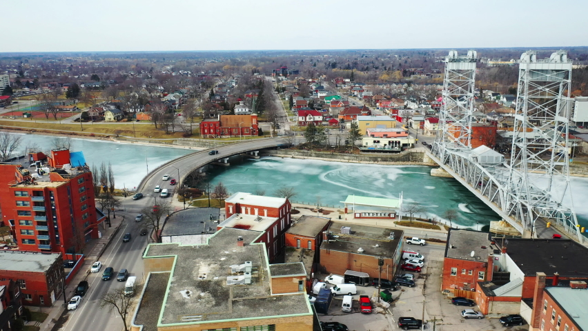 Aerial of Welland, Ontario, Canada downtown 4K