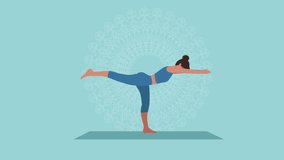 A woman in sportswear performs a standing asana. Animation of yoga asana.