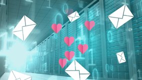 Animation of heart, envelope icons with data processing over server room. Global business, technology and digital interface concept digitally generated video. - Powered by Shutterstock - Get 15% off with code: PIKWIZARD15