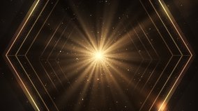 Beautiful luxury gold light aura with magical stardust particles flowing and glitter. golden shiny hexagon frame moving through camera. galaxy tunnel. for Oscar award ceremony event. Loopable. LED.4K