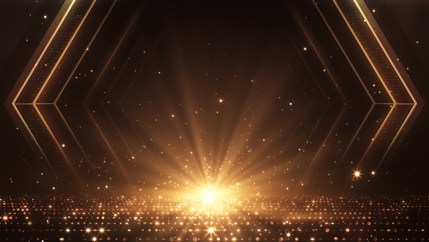 Beautiful luxury gold light sparkling particles explosion and glitter. golden shiny hexagon frame and magic stardust shimmering galaxy floor. for Oscar award ceremony event. Loopable. LED.4K Royalty-Free Stock Footage #1094202263