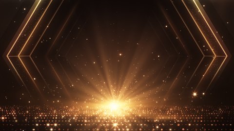 Beautiful luxury gold light sparkling particles explosion and glitter. golden shiny hexagon frame and magic stardust shimmering galaxy floor. for Oscar award ceremony event. Loopable. LED.4K - Βίντεο στοκ