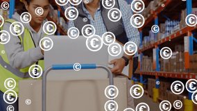 Animation of euro symbols flickering over diverse workers in warehouse. Global business and digital interface concept digitally generated video. - Powered by Shutterstock - Get 15% off with code: PIKWIZARD15