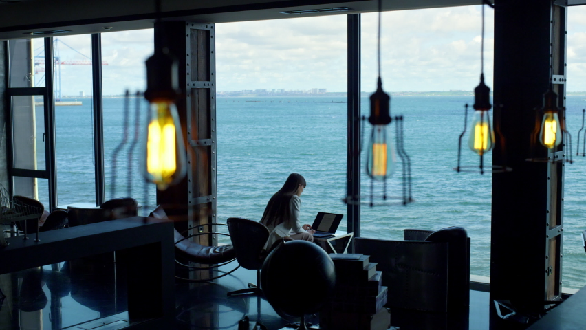 Thinking businesswoman working laptop in office interior. Silhouette woman pondering at modern sea view place. Unknown boss supervisor looking computer screen at panorama window remote workplace  | Shutterstock HD Video #1094202921