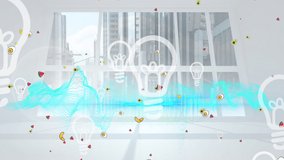 Animation of food icons and light bulbs over cityscape. Global technology, computing and digital interface concept digitally generated video. - Powered by Shutterstock - Get 15% off with code: PIKWIZARD15
