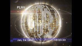 Animation of a screen with the word play, the date and time in white text and bands of interference, showing a mirror ball reflecting lights and turning on a black background - Powered by Shutterstock - Get 15% off with code: PIKWIZARD15