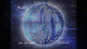 Animation of a screen with the word play, the date and time in white text and bands of interference, showing a blue mirror ball reflecting lights and turning on a black background - Powered by Shutterstock - Get 15% off with code: PIKWIZARD15