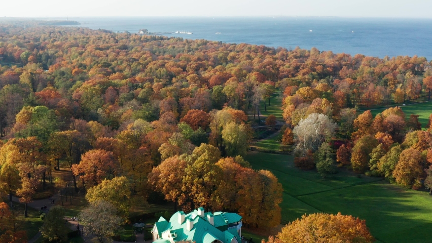 Peterhof, Alexandria Park in autumn. Aerial view.