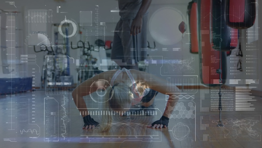 Animation of data processing over business people working financial data processing. Global business connections digital interface and technology concept digitally generated video.