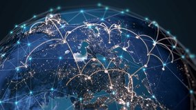 Abstract Tech Earth Globalization in 3d Motion Graphic. Concept Transmit Ai Networking on Fiber Optic. Transfer 5g Web Communications Signal on Worldwide. Global Business Dots on Rotating Blue Planet - Powered by Shutterstock - Get 15% off with code: PIKWIZARD15