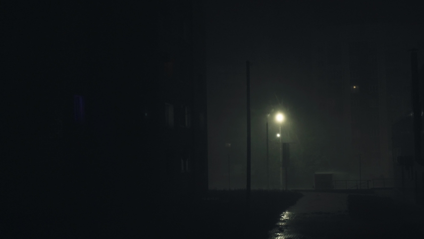 Night, strong wind, lightning rain, street lamp, a car passes on the road. Raindrops in a beam of light under a street lamp. Royalty-Free Stock Footage #1094212781