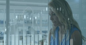 Animation of data processing over caucasian businesswoman in office. Global business and digital interface concept digitally generated video.