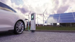 Sustainability assessment, renewable energy concept. Using of charge station, solar panel and windmill background. Electric vehicle using sustainable source, wind generator. Saving, climate change. - Powered by Shutterstock - Get 15% off with code: PIKWIZARD15