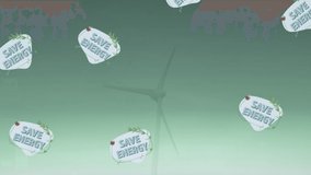 Animation of save energy text with icons over wind turbine. Global ecology and digital interface concept digitally generated video.