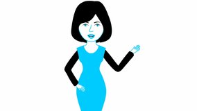 Animated speaking girl in blue dress. The woman constantly tells something and gestures with her hands. Black hair. Flat vector illustration isolated on white background.