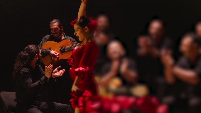 Beautiful stylish female artist dancing spanish style dance . Group of men playing on guitar and applauds to the dancer woman . Concept footage of spanish traditional culture . Waving cloth of skirt  | Shutterstock HD Video #1094229289