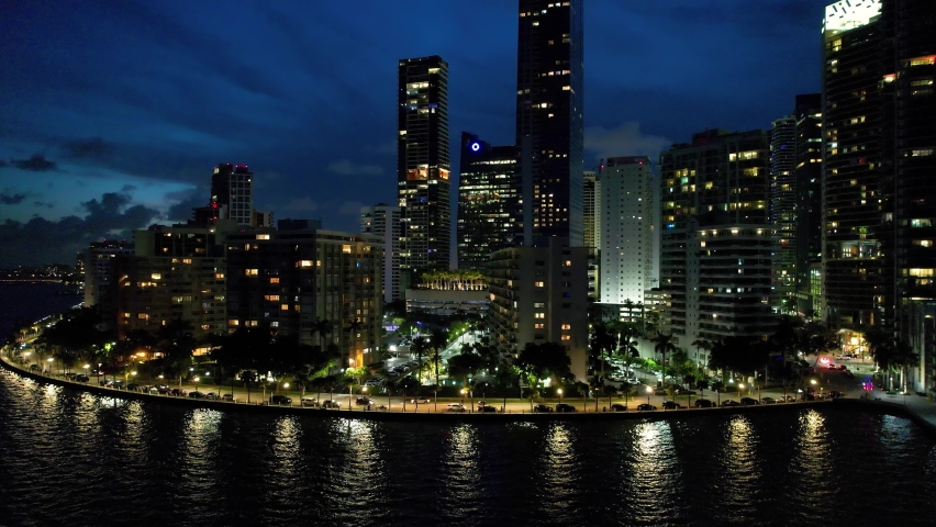 Brickell Miami USA. Night cityscape Miami Florida United States. Night aerial landscape of stunning buildings. Night scape Miami Florida. Night city Miami United States. Brickell city life.