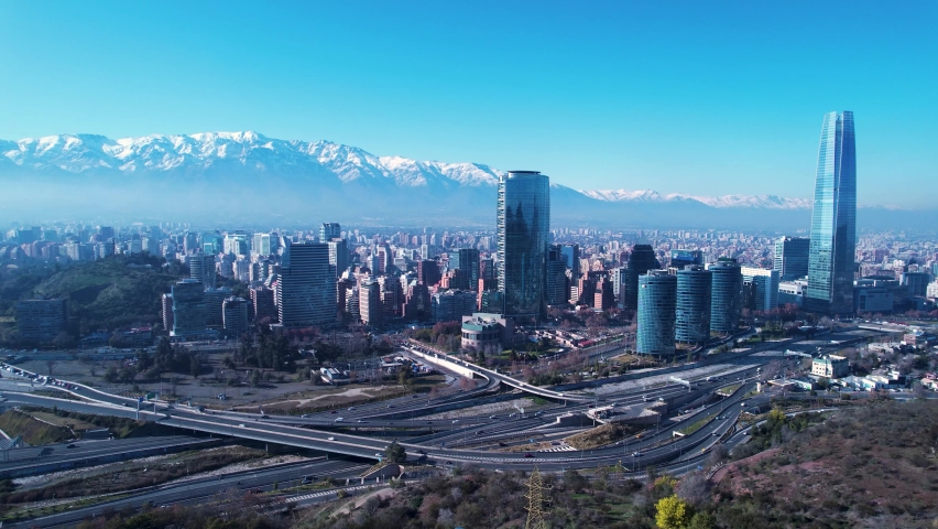 Aerial landscape of Santiago Chile near Andes Mountains. Touristic landmark. City life scenery Santiago Chile. Travel destinations. Vacations travel. Cityscape of Santiago Chile. | Shutterstock HD Video #1094230359