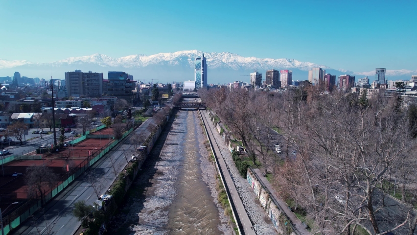 Aerial landscape of Santiago Chile near Andes Mountains. Touristic landmark. City life scenery Santiago Chile. Travel destinations. Vacations travel. Cityscape of Santiago Chile.
