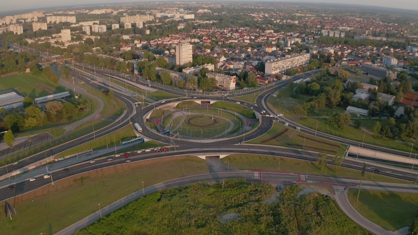 ZAGREB, CROATIA - July 21 2020: Aerial view of the rotor at the crossroads at the entrance to the city of Zagreb, Croatia