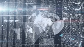 Animation of scope scanning and globe over columns with computer circuit board on black background. Global technology, computing and digital interface concept digitally generated video. - Powered by Shutterstock - Get 15% off with code: PIKWIZARD15