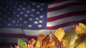 Animation of autumn leaves over flag of united states of america in background. Thanksgiving day, autumn, american tradition and celebration concept digitally generated video. - Powered by Shutterstock - Get 15% off with code: PIKWIZARD15