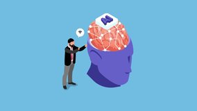 Male scientist animation making a digital brain with neural network while standing with human head. Cartoon in 4k resolution - Powered by Shutterstock - Get 15% off with code: PIKWIZARD15