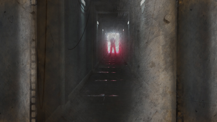 Animation of film fog and scratches over scary figure backlit in doorway at end of dark corridor. Halloween, fear, horror and suspense concept digitally generated video.