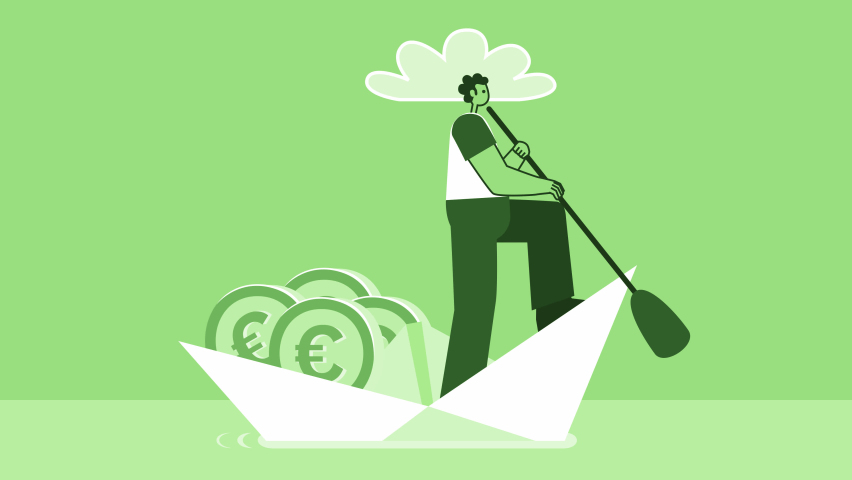 Green Style Man Flat Character Sailing on Paper Ship with Euro Coins. Isolated Loop Animation with Alpha Channel