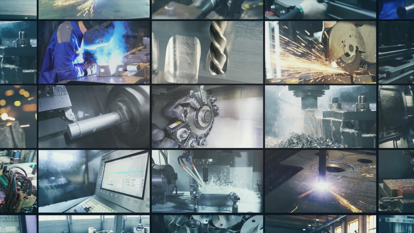 The process of creating a metal part. Creating a metal product in a factory, multiscreen. Industrial video split screen. Metal work Royalty-Free Stock Footage #1094240385