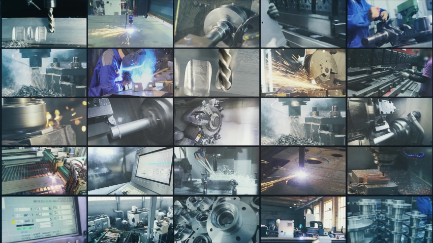 The process of creating a metal part. Creating a metal product in a factory, multiscreen. Industrial video split screen. Metal work