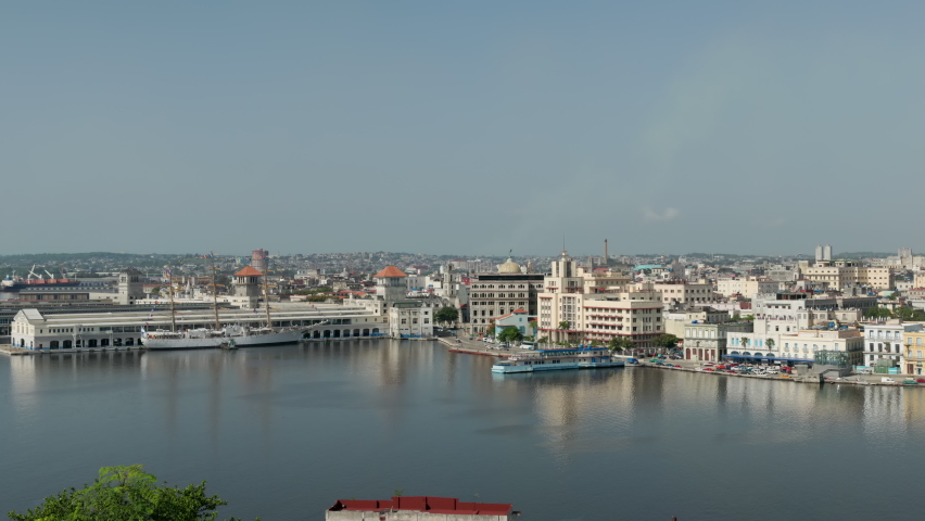 a wide angle pan of old havana city and  harbor from the christ of havana statue, cuba