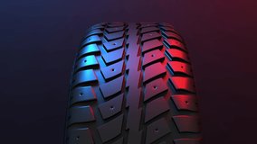 4K Video. Seamless looping animation of spinning car wheel. New car tire profile. Tire tread. Black rubber automotive tire. Auto service concept, changing wheels. Tire shop. 3d animation.