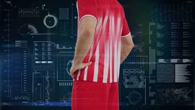 Animation of data processing over caucasian male soccer player. Global sport and digital interface concept digitally generated video.