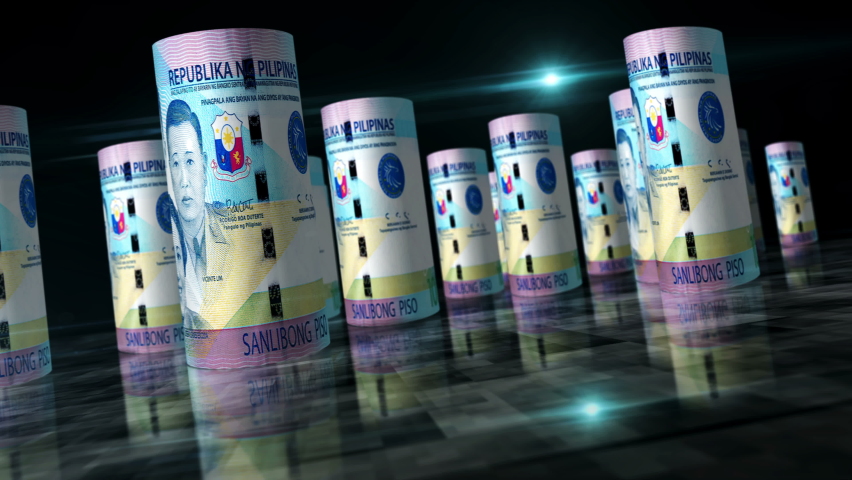 Philippines money Philippine Peso rolls loop 3d animation. Money on the table. Seamless and loopable abstract concept of economy, finance, business and recession. Camera between PHP rolled banknotes.