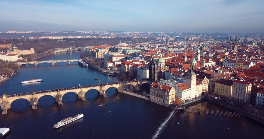 Aerial View to the Charles Bridge that crosses the Vltava river in Prague, Czech Republic