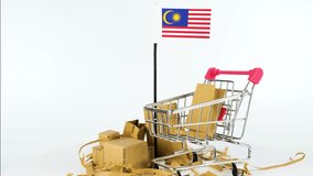 Malaysia flag with supermarket handcart and cardboard boxes video, 4K 60 fps, online marketing and shopping concept, foreign trade idea, selling product in Malaysia, turning platform, e-commerce video