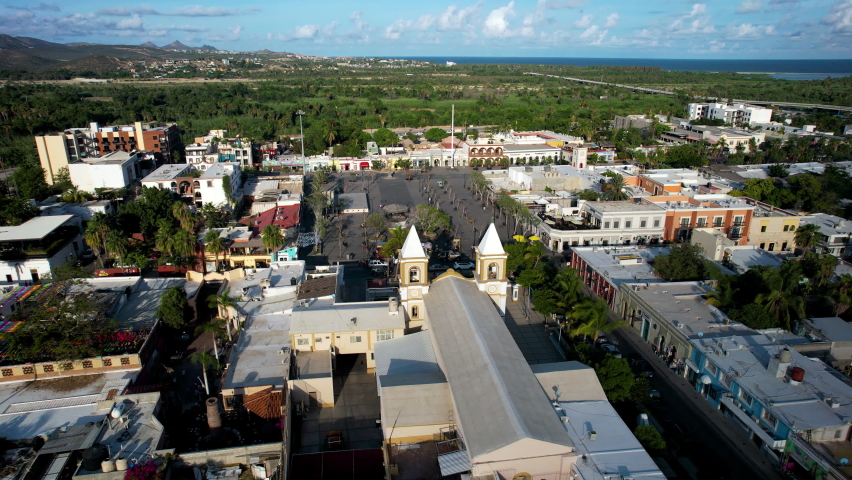 rotational drone shot of the main square of san jose del cabo in baja california sur mexico