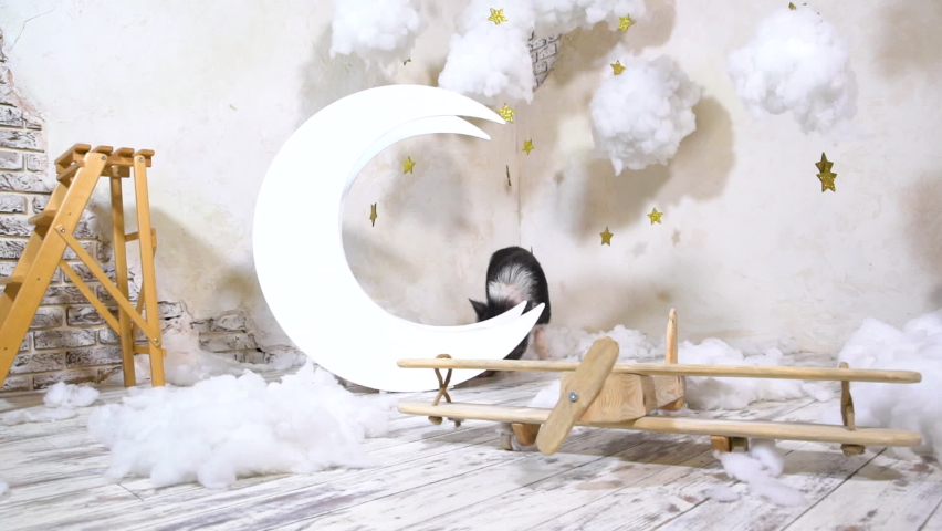 The pig walks in the clouds. The pig is looking for food in the sky. Cheerful pig and stars. Scenery of the lunar sky with stars.