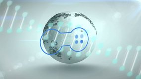 Animation of dna strand and gamepad icon over globe. Global business and digital interface concept digitally generated video. - Powered by Shutterstock - Get 15% off with code: PIKWIZARD15