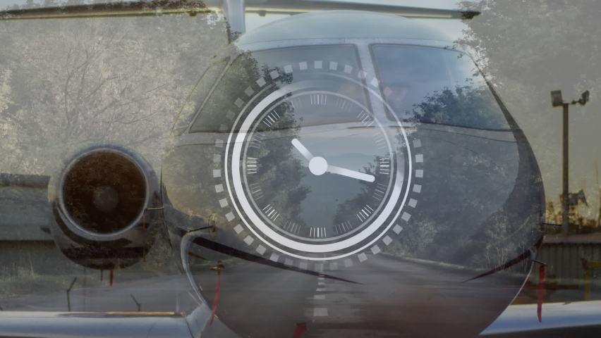 Animation of airplane over clock ticking. Global travel, transport and time concept digitally generated video. - Powered by Shutterstock - Get 15% off with code: PIKWIZARD15